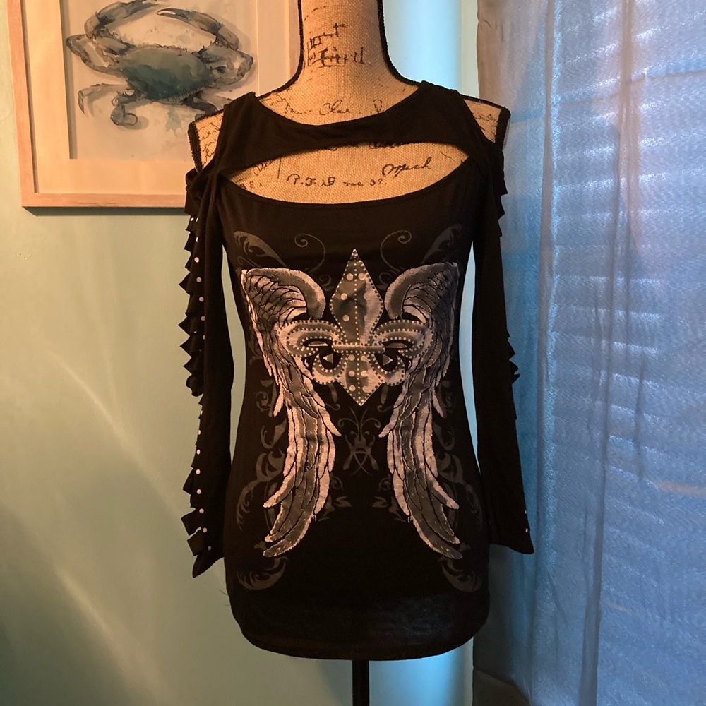Women’s top, black with Angel wings, slit sleeves (long) cold shoulder style